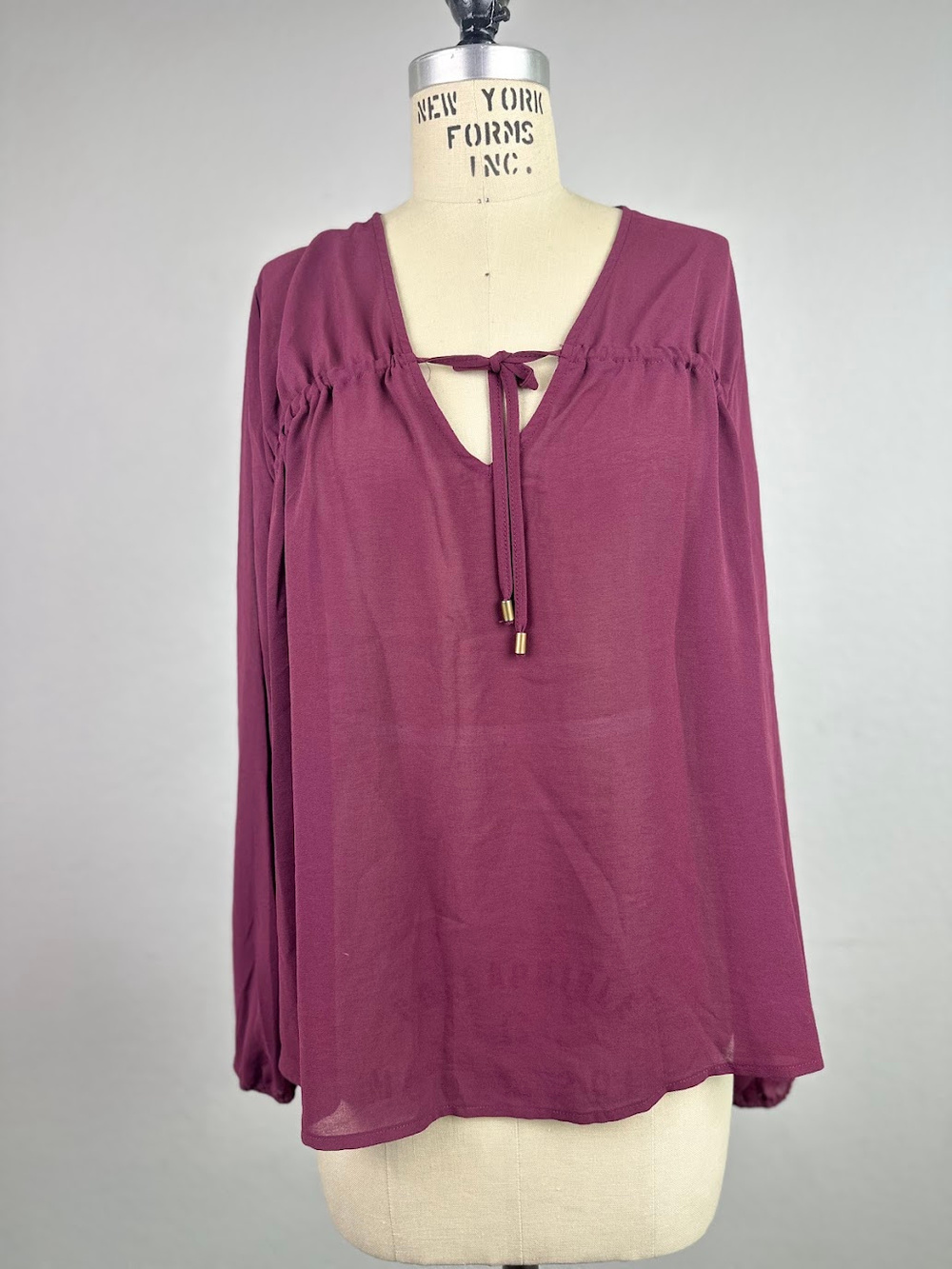 C. Luce Purple Tie Front Blouse Long Puffy Sleeve Y2K